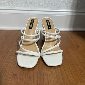 White strappy thick heeled sandal heels